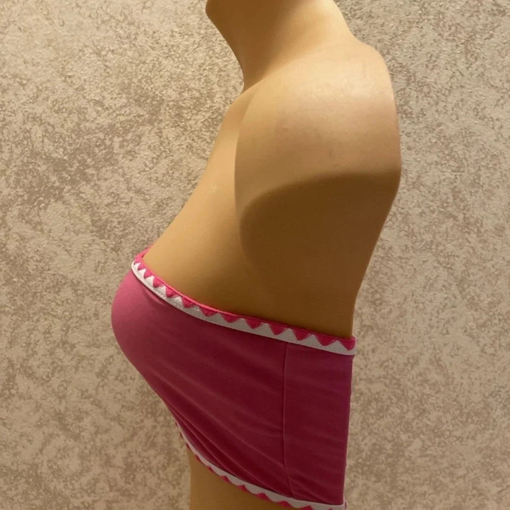 SHEIN Pink and White Embroidered Bandeau Bikini Top